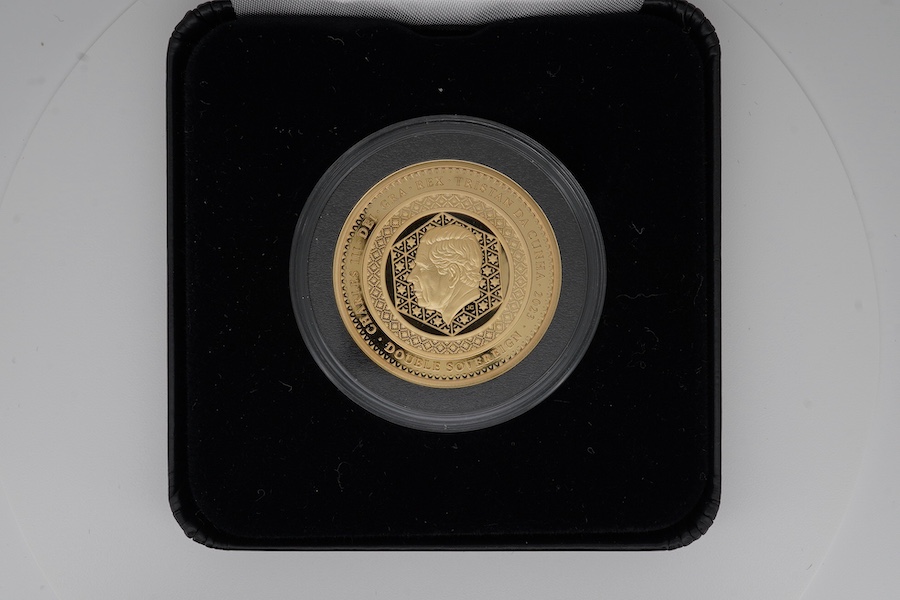 Tristan Da Cunha gold coins, Charles III, 2023 gold proof double sovereign, 16g, Low mintage of 299, Harrington and Byrne fitted case with certificate